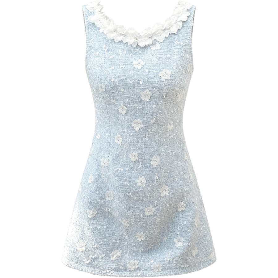 CHARM GLOW Sleeveless Dresses Women's Blue Crew Neck Moderate Short Skirt A Line Skirt