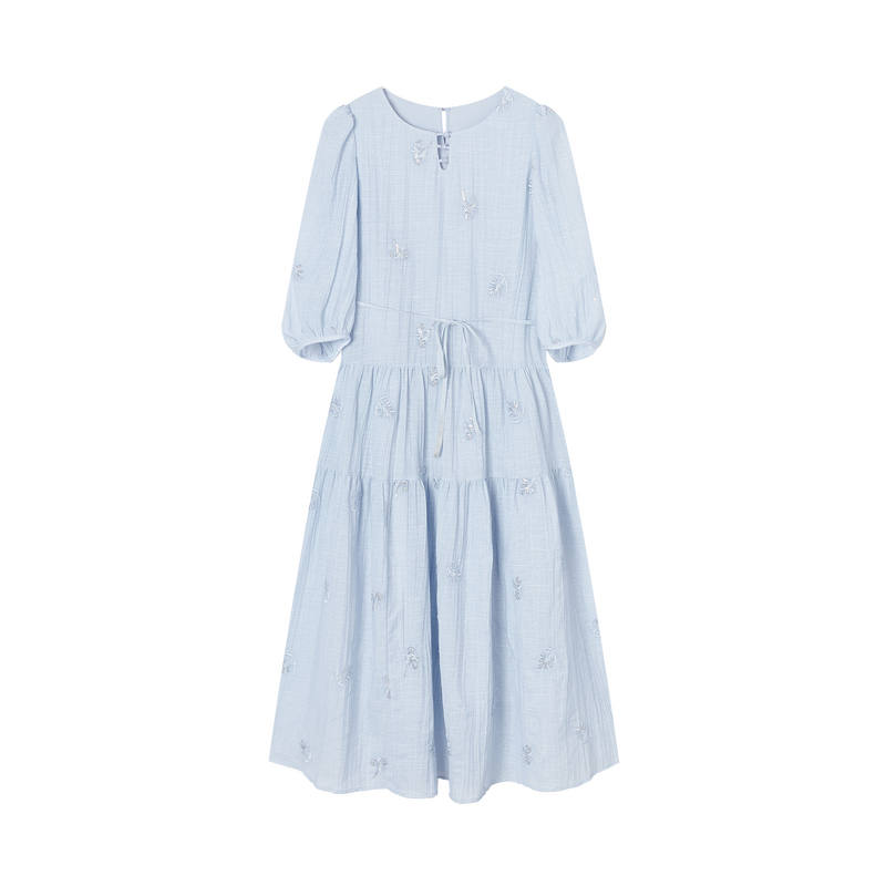 XIANGYING Short Sleeved Dresses Women's Blue Crew Neck Moderate Long Skirt