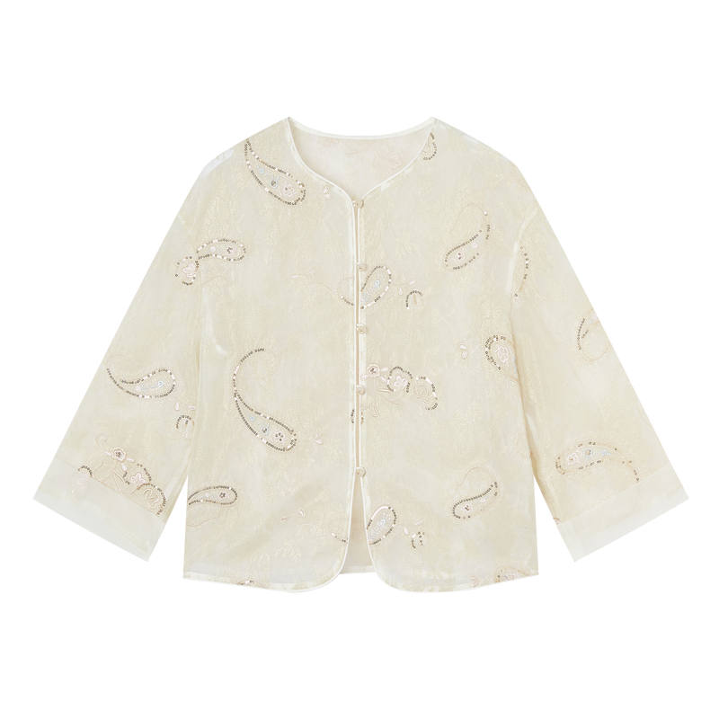 XIANGYING Cropped Coats Women's Beige Yellow Crew Neck Thin