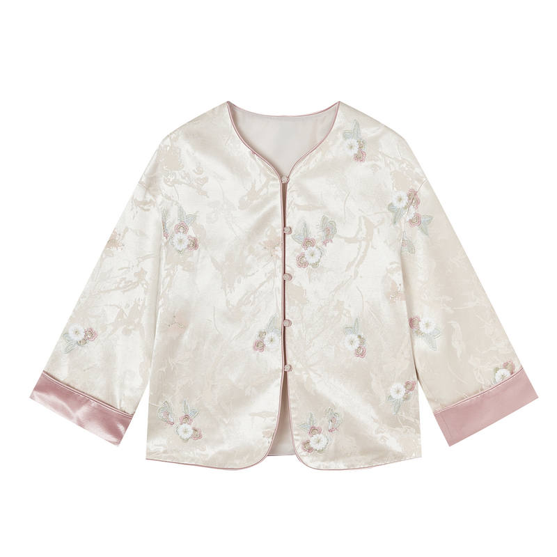XIANGYING Cropped Coats Women's Ecru Crew Neck Moderate