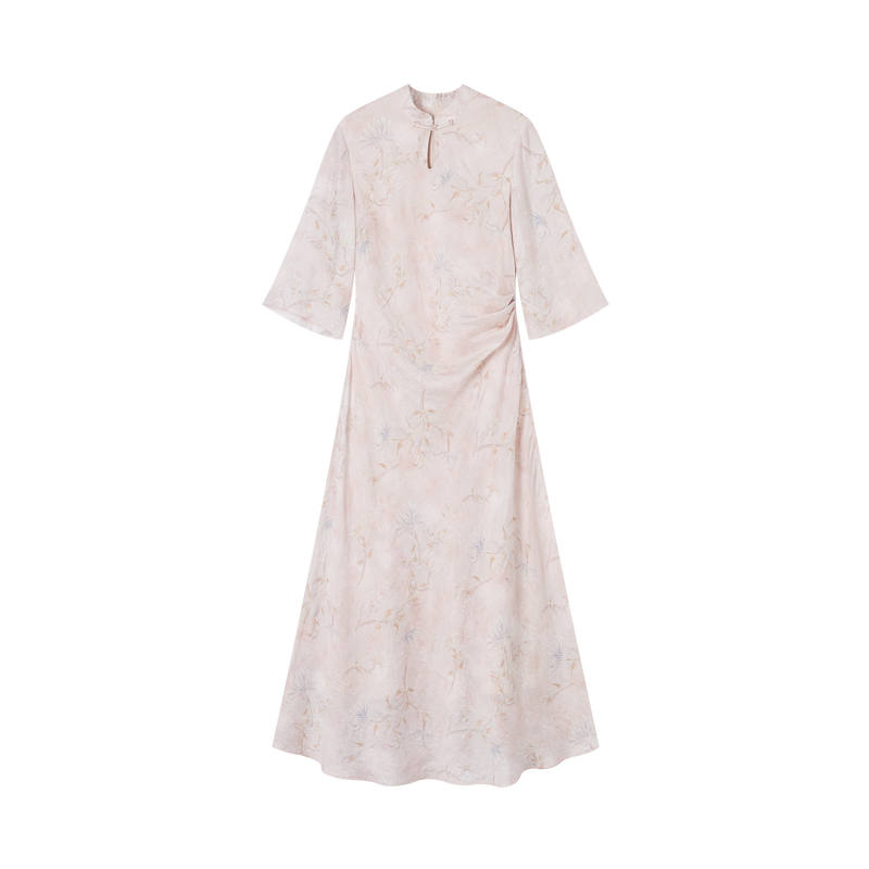 XIANGYING Short Sleeved Dresses Women's Stand Collar Moderate Long Skirt