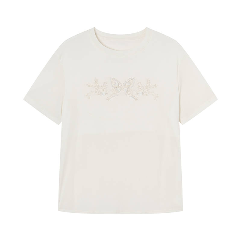 XIANGYING T Shirts Women's Ecru Crew Neck Moderate