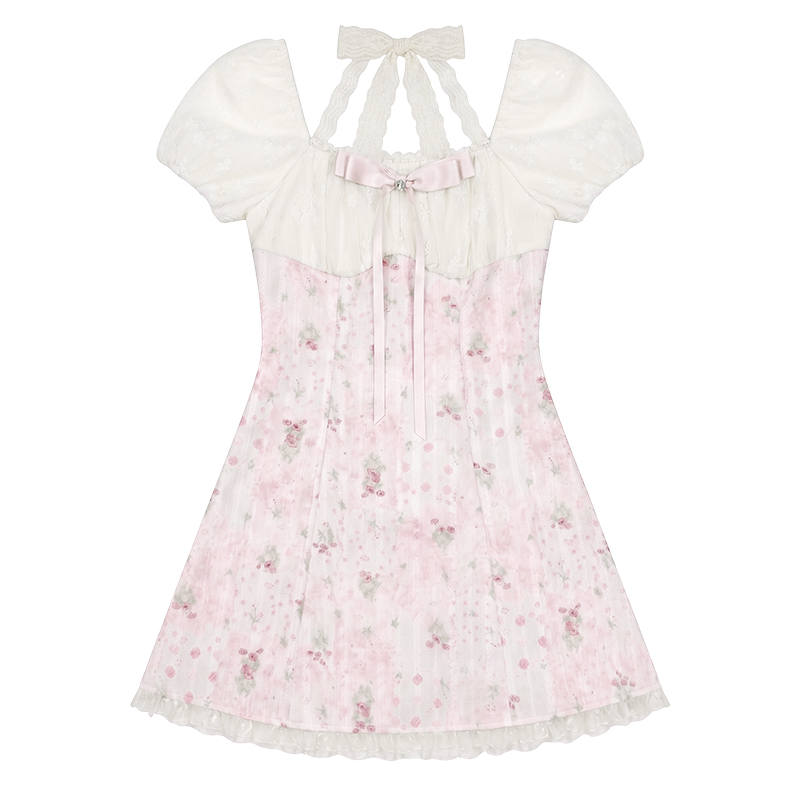 FABRIC PIG Short Sleeved Dresses Women's Pink Floral Dress Halter Thin Short Skirt A Line Skirt