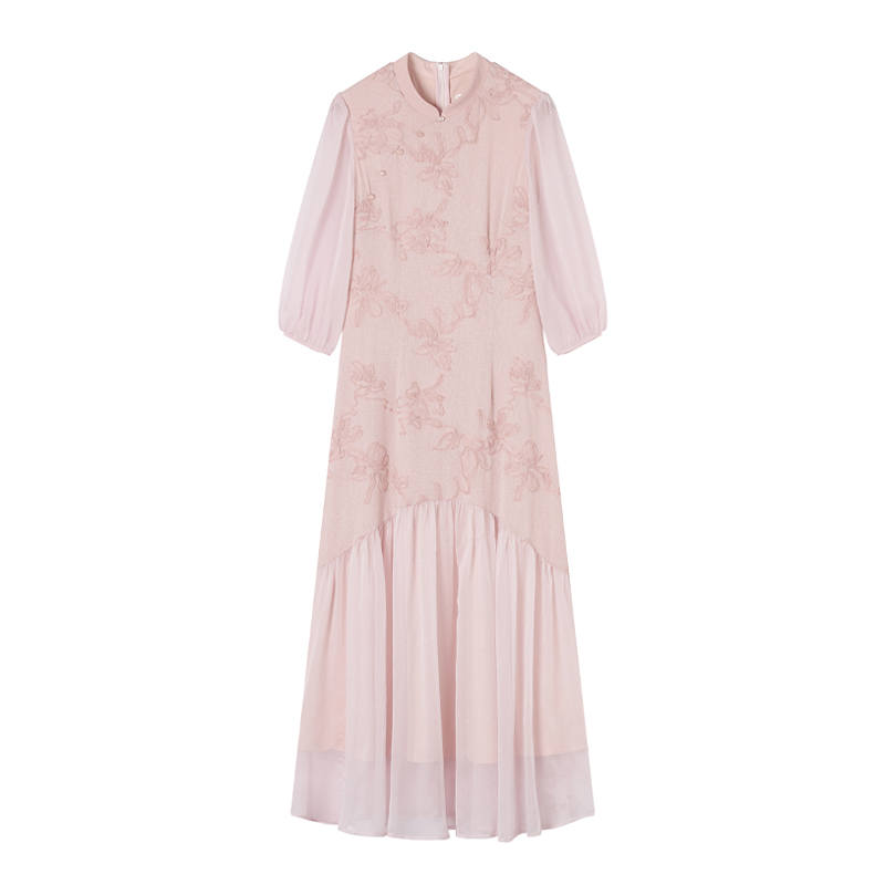 XIANGYING Short Sleeved Dresses Women's Pink Stand Collar Moderate Long Skirt