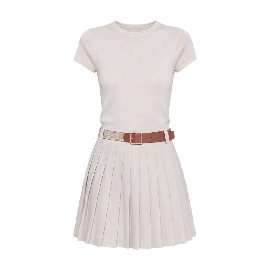 FINDSME GAGA Short Sleeved Dresses Women's Oat Crew Neck Moderate Short Skirt Pleated Skirt