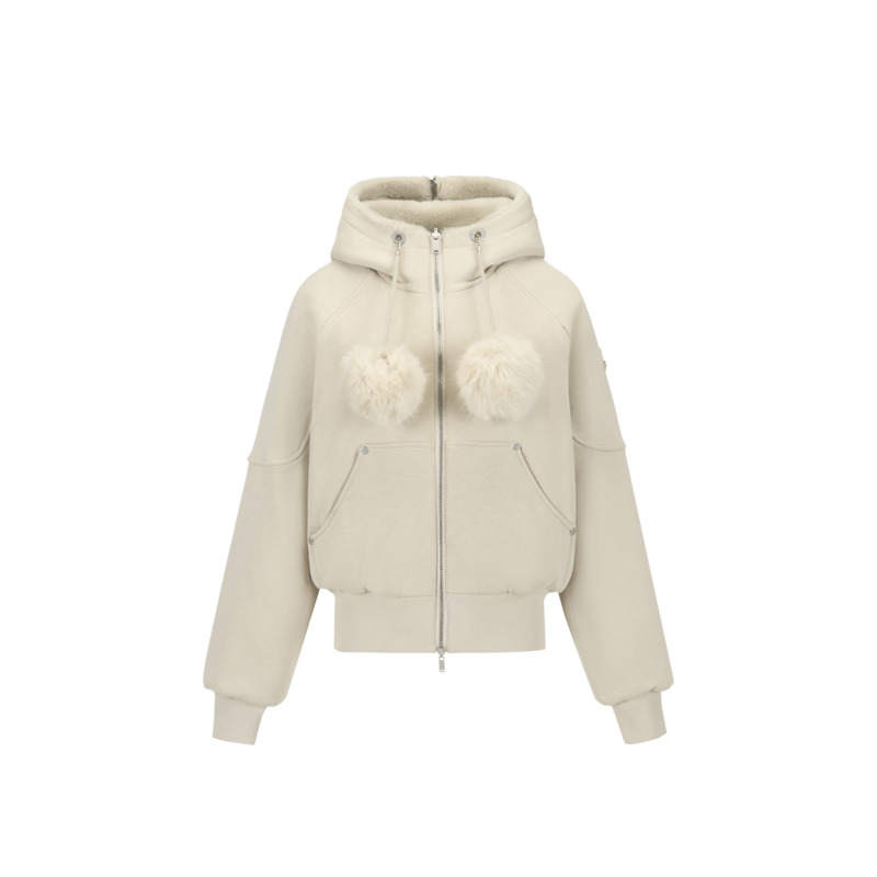 Moose Knuckles Velvet Jackets Women's Ecru Hooded Non Detachable Thickened Straight Fit