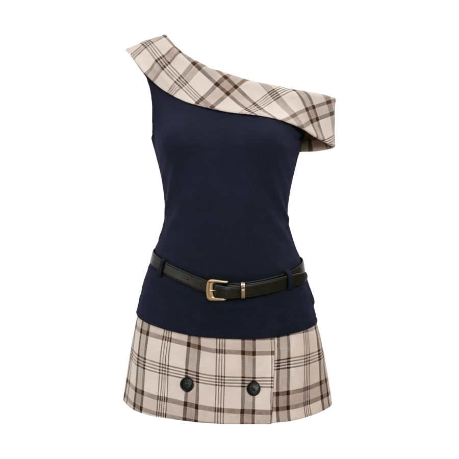 FINDSME GAGA Two Piece Skirt Sets Women's Asymmetrical Collar Moderate Short Skirt