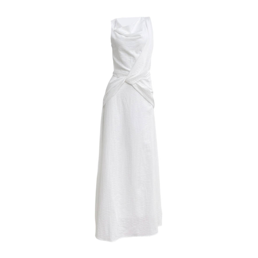 TUSHIFEI Sleeveless Dresses Women's White Draped Neckline Moderate Long Skirt A Line Skirt