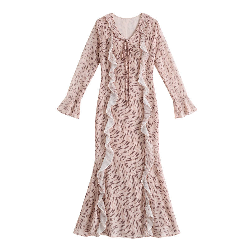 CPAURA Long Sleeved Dresses Women's Mist Shadow Pink Brown V Neck Moderate Long Skirt A Line Skirt