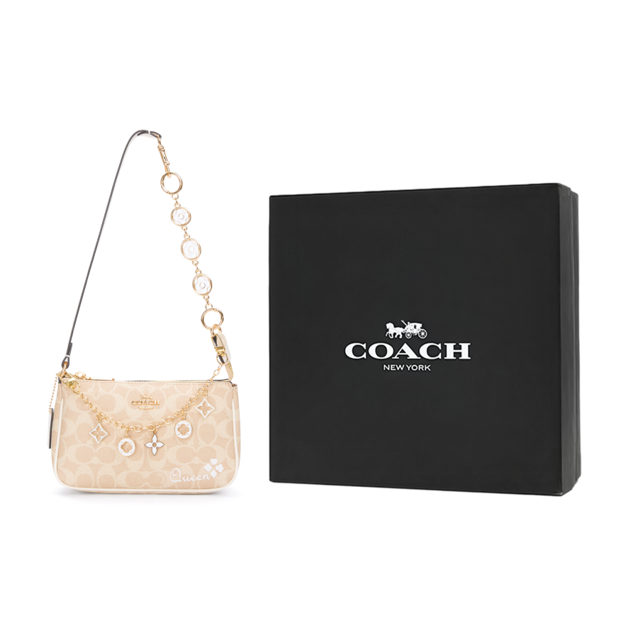 COACH Coated Canvas Shoulder Bag Small Women's Sand & Chalk White
