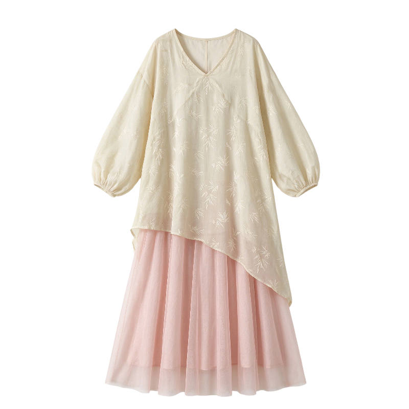CPAURA Long Sleeved Dresses Women's Dress Looser Fit V Neck Moderate Long Skirt A Line Skirt