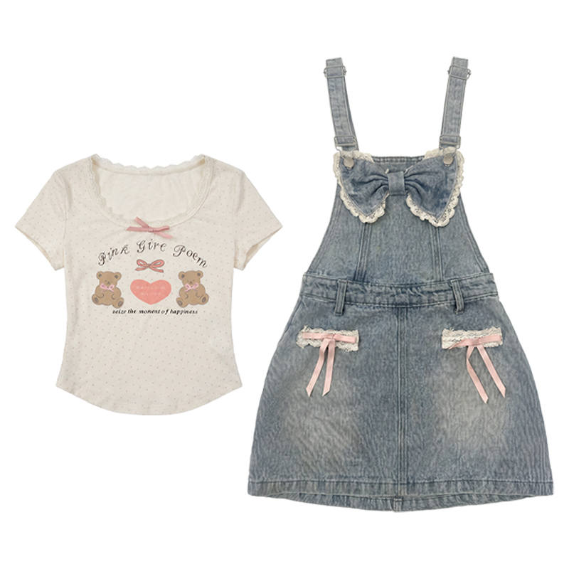 FABRIC PIG Two Piece Skirt Sets Women's Apricot Top+Suspender Skirt Crew Neck Moderate Short Skirt