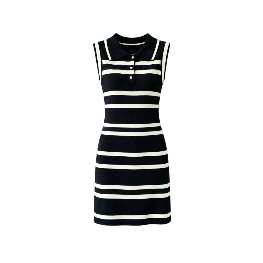 TUSHIFEI Sleeveless Dresses Women's Black With White Stripes Polo Collar Moderate Midi Dress A Line Skirt