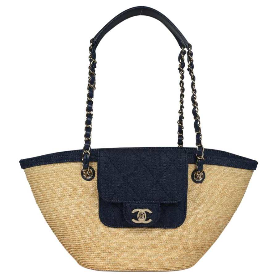 CHANEL Diamond Pattern Leather Chain Tote Bag, Shoulder Bag, Crossbody Bag Small Women's Blue & Beige