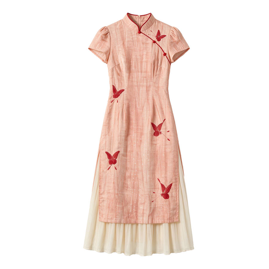 CPAURA Short Sleeved Dresses Women's Image Color Stand Collar Moderate Long Skirt A Line Skirt