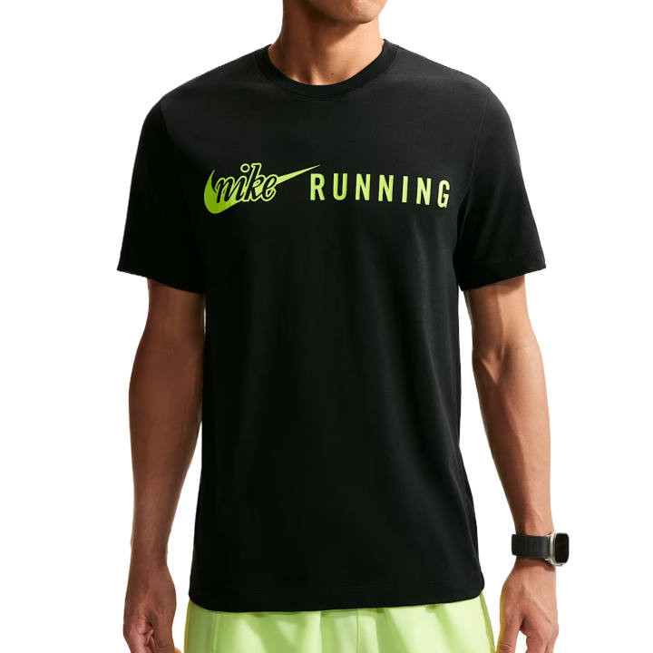 Nike Nike Running T Shirts Men's Black/Neon Green Crew Neck Moderate