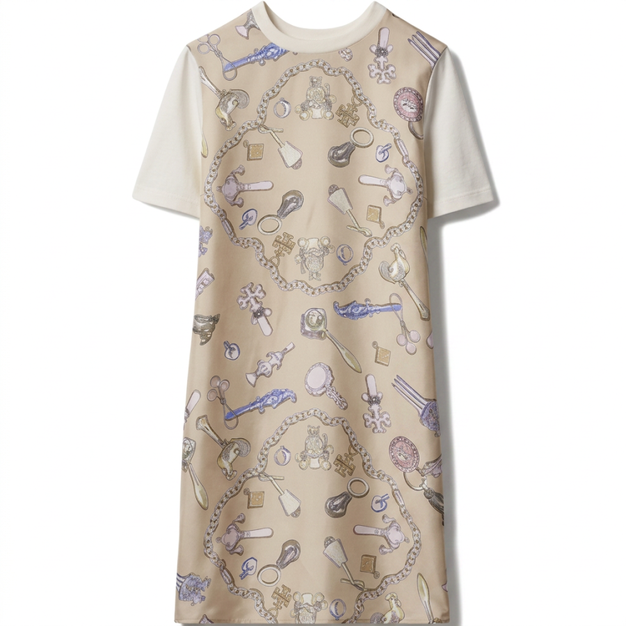 TORY BURCH Short Sleeved Dresses Women's Ivory White Crew Neck Moderate Midi Dress