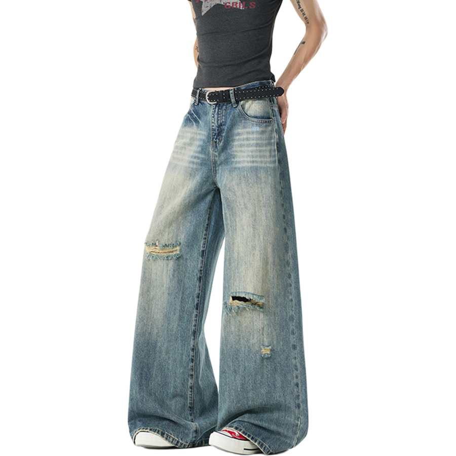 WARRIOR WARRIOR Jeans Unisex Blue DIY Badge Thin Wide Leg Pants