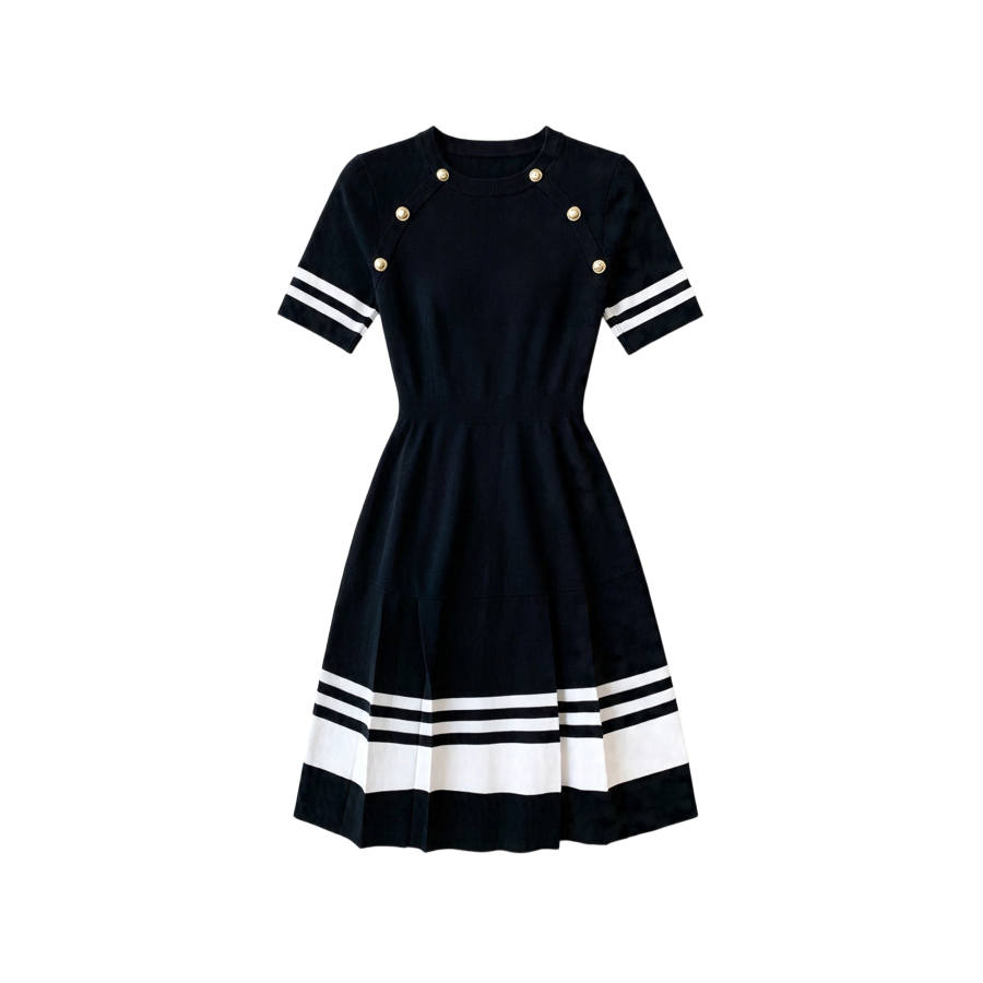 TUSHIFEI Short Sleeved Dresses Women's Black Crew Neck Moderate Short Skirt A Line Skirt