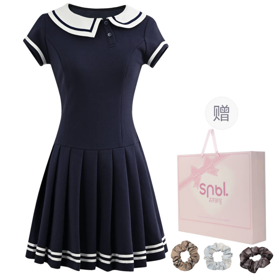 SNBL Short Sleeved Dresses Women's Navy Blue Peter Pan Collar Moderate Short Skirt