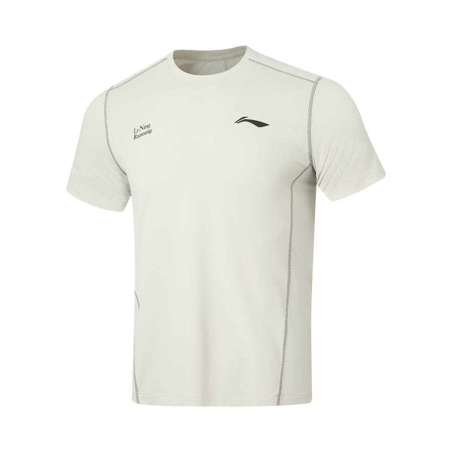 Li-Ning Li Ning Running Collection T Shirts Men's White Birch Gray Full Coverage Print Crew Neck Moderate Straight Fit