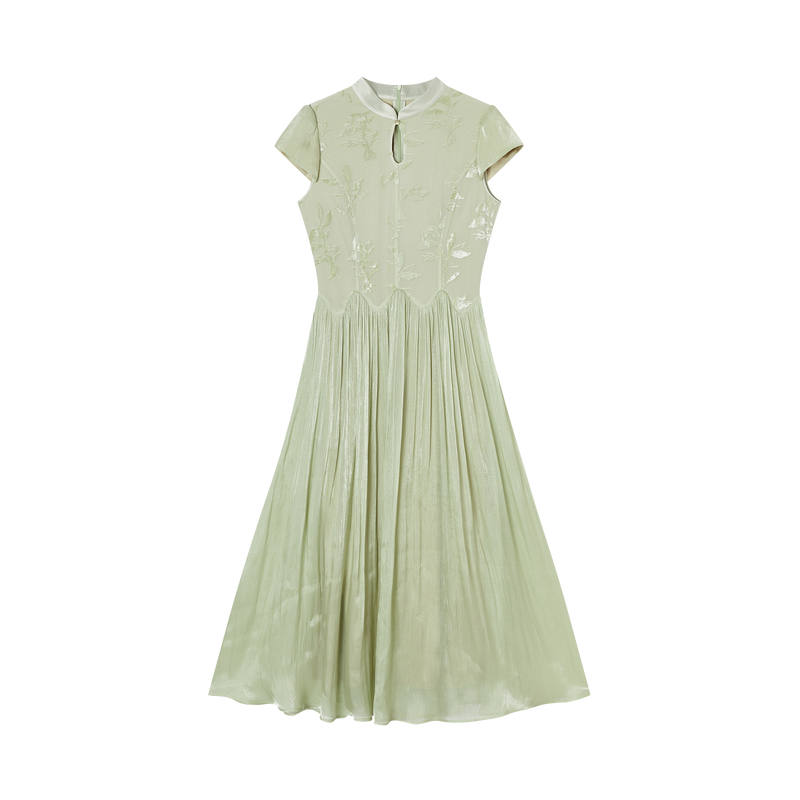 XIANGYING Short Sleeved Dresses Women's Green Floral Stand Collar Thin Long Skirt