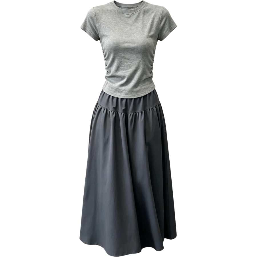 CHARM GLOW Two Piece Skirt Sets Women's Crew Neck Moderate Long Skirt