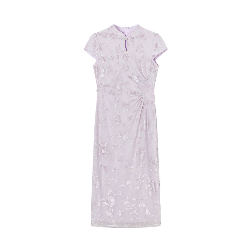 XIANGYING Short Sleeved Dresses Women's Purple Stand Collar Thin Long Skirt
