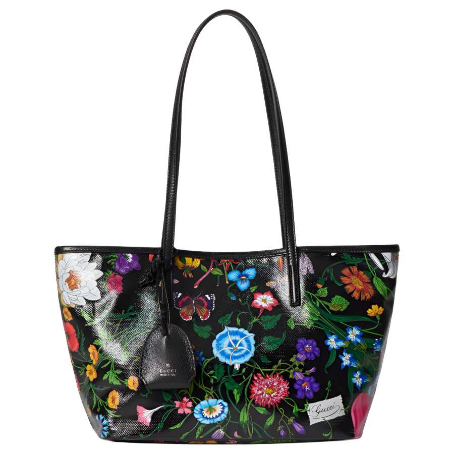 GUCCI Flora Coated Canvas Tote Bag, Shoulder Bag Small Women's Black Multicolor
