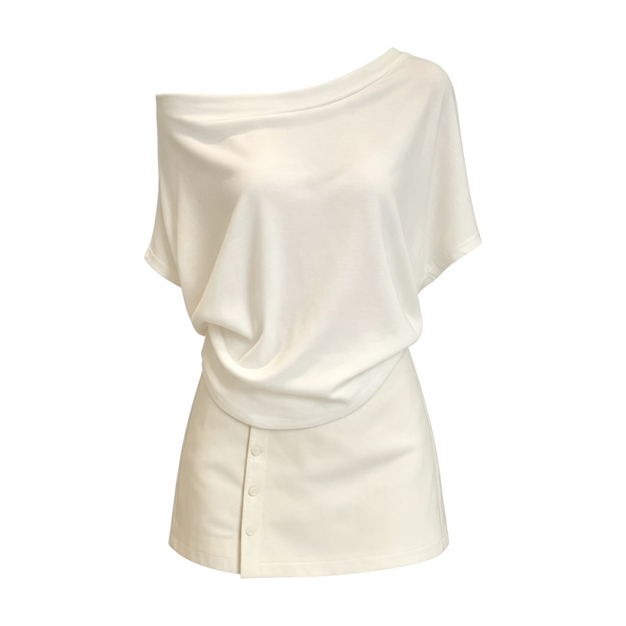 FINDSME GAGA Two Piece Skirt Sets Women's Asymmetrical Collar Thin Short Skirt