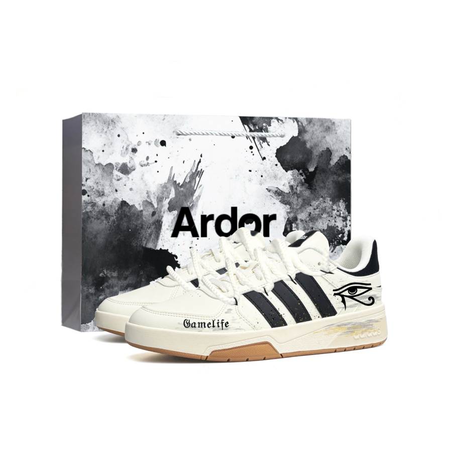 Adidas Adidas COURTBEAT Skateboard Shoes Men's Low Top Ecru Black Brown Color Block Ink Splatter Colorway