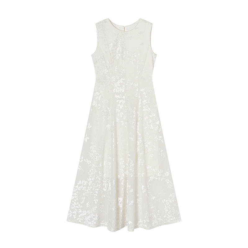 XIANGYING Sleeveless Dresses Women's Ecru Crew Neck Thin Long Skirt