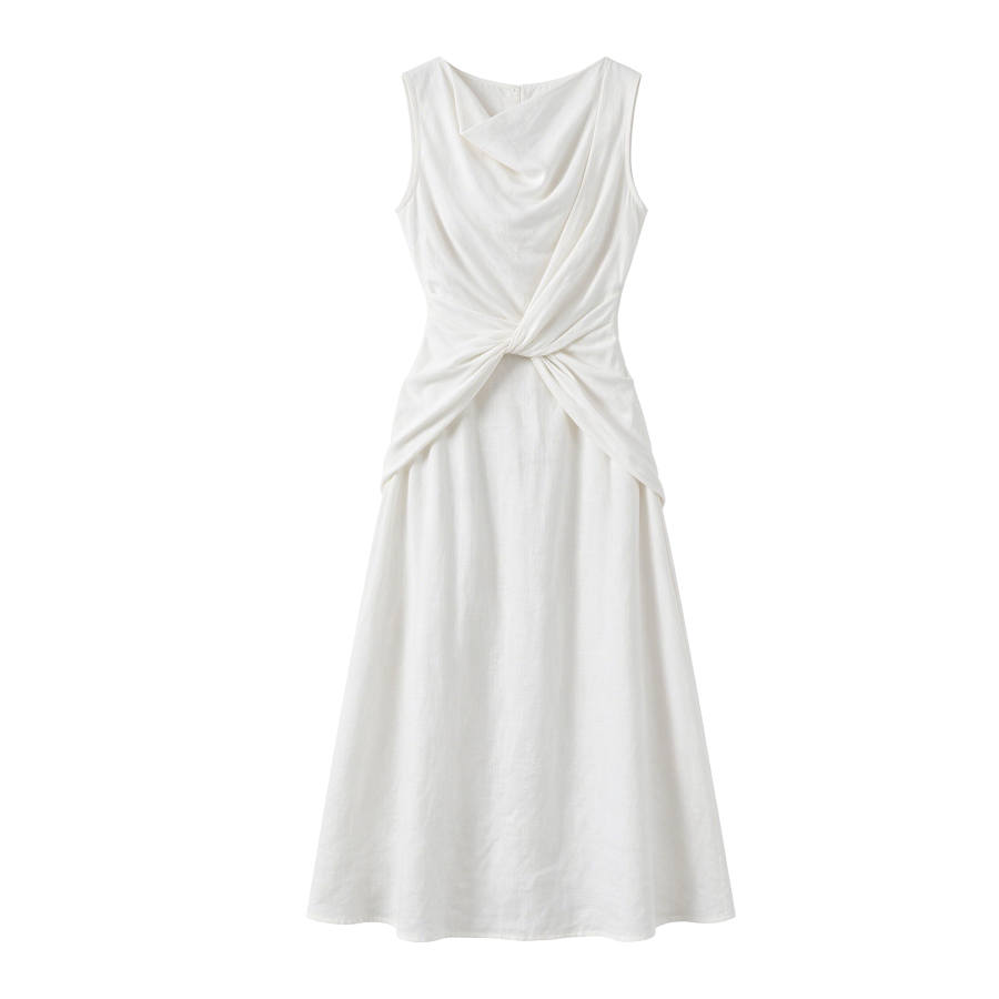 CPAURA Sleeveless Dresses Women's White Draped Neckline Moderate Long Skirt A Line Skirt