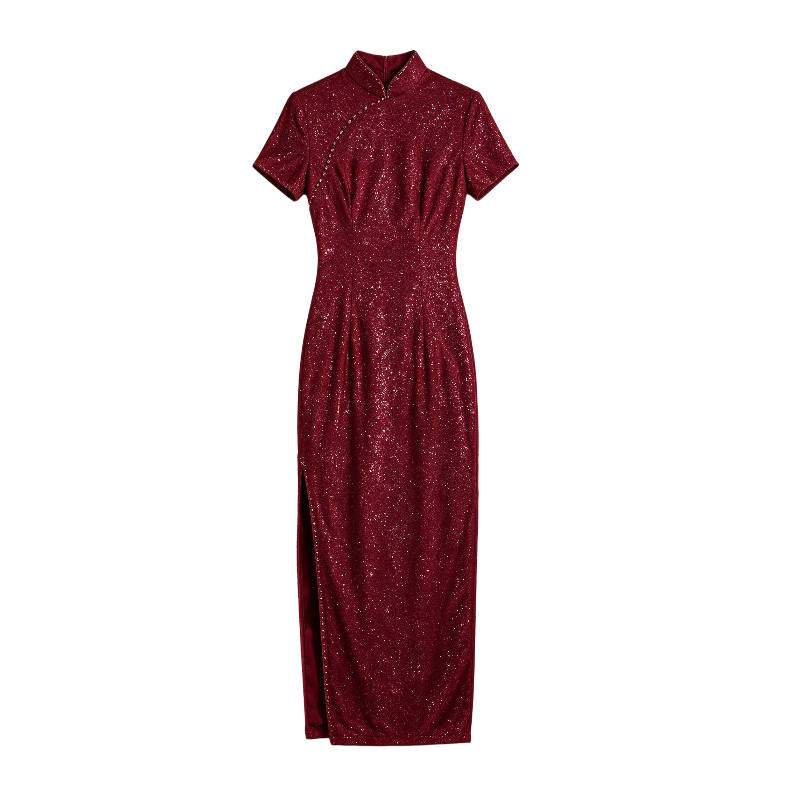 CPAURA Short Sleeved Dresses Women's Stand Collar Moderate Long Skirt A Line Skirt