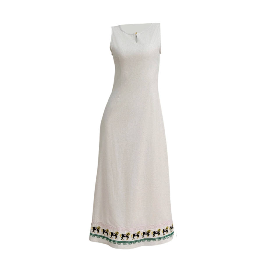 TUSHIFEI Sleeveless Dresses Women's Apricot Dress Waterdrop Collar Moderate Long Skirt A Line Skirt