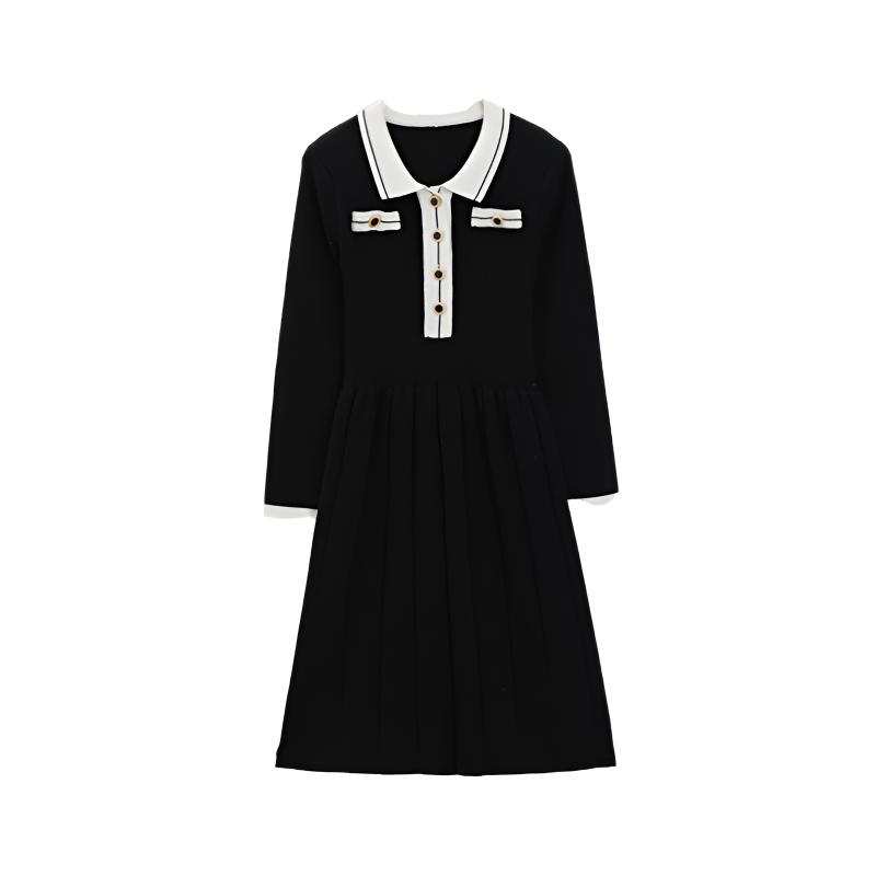 TUSHIFEI Long Sleeved Dresses Women's Black Lapel Moderate Midi Dress A Line Skirt
