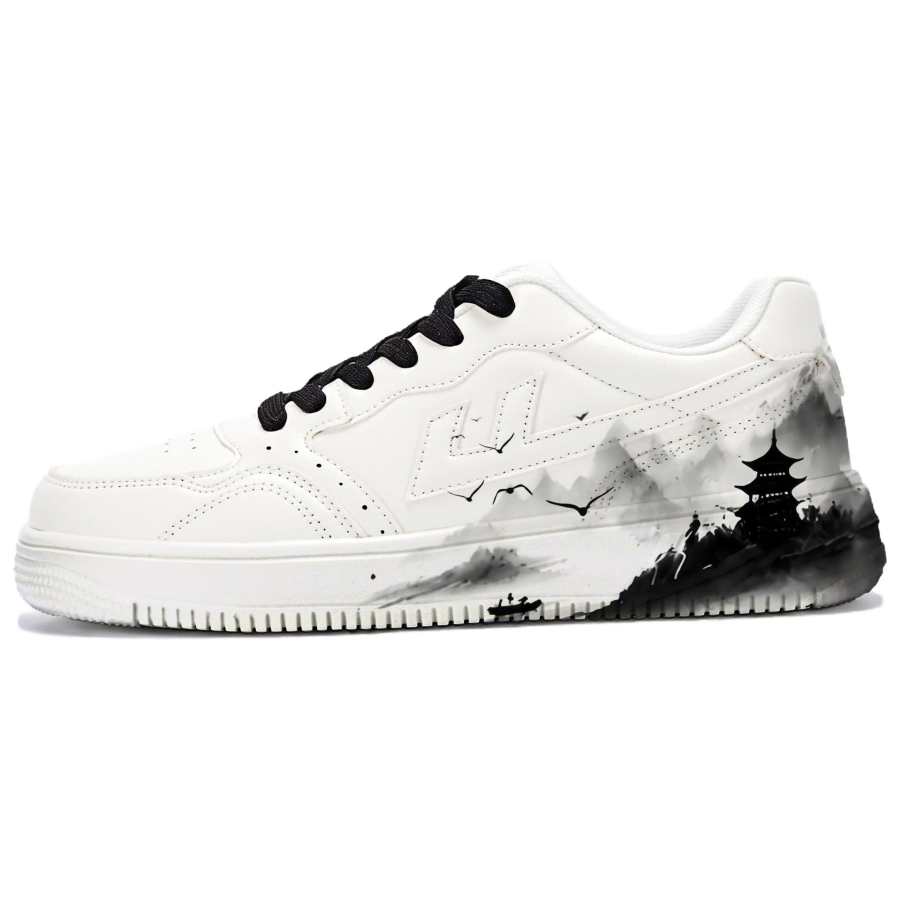 WARRIOR Skateboard Shoes Men's Low Top White Black Gray Ink Wash Colorway