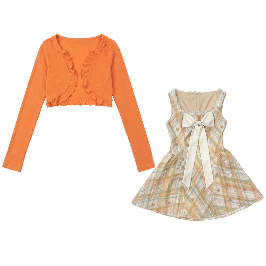 FABRIC PIG Two Piece Skirt Sets Women's Orange Cardigan+Camisole Dress Camisole Thin Short Skirt
