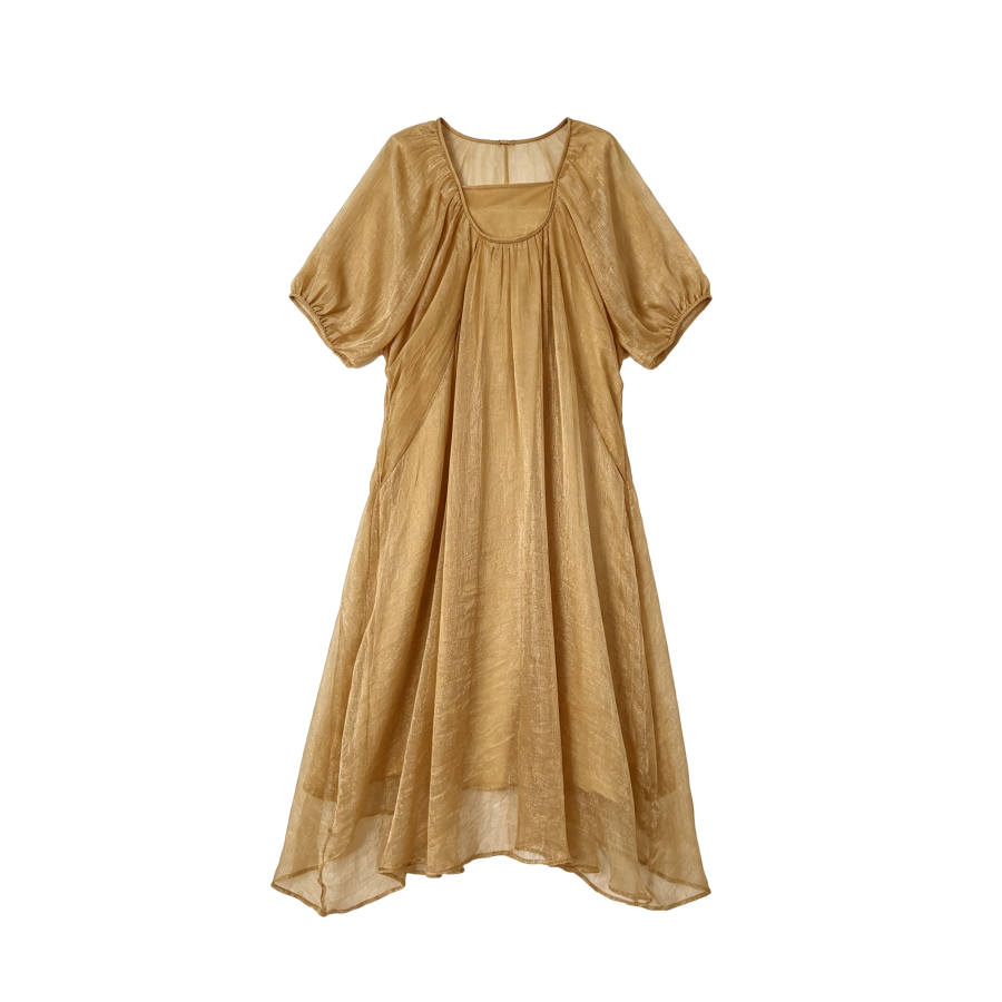 CPAURA Short Sleeved Dresses Women's Champagne Square Collar Moderate Long Skirt A Line Skirt