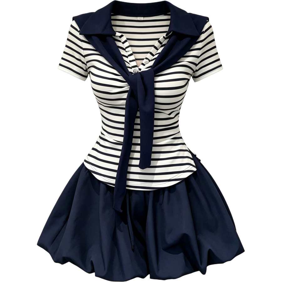 CHARM GLOW Two Piece Skirt Sets Women's Navy Collar Moderate Short Skirt