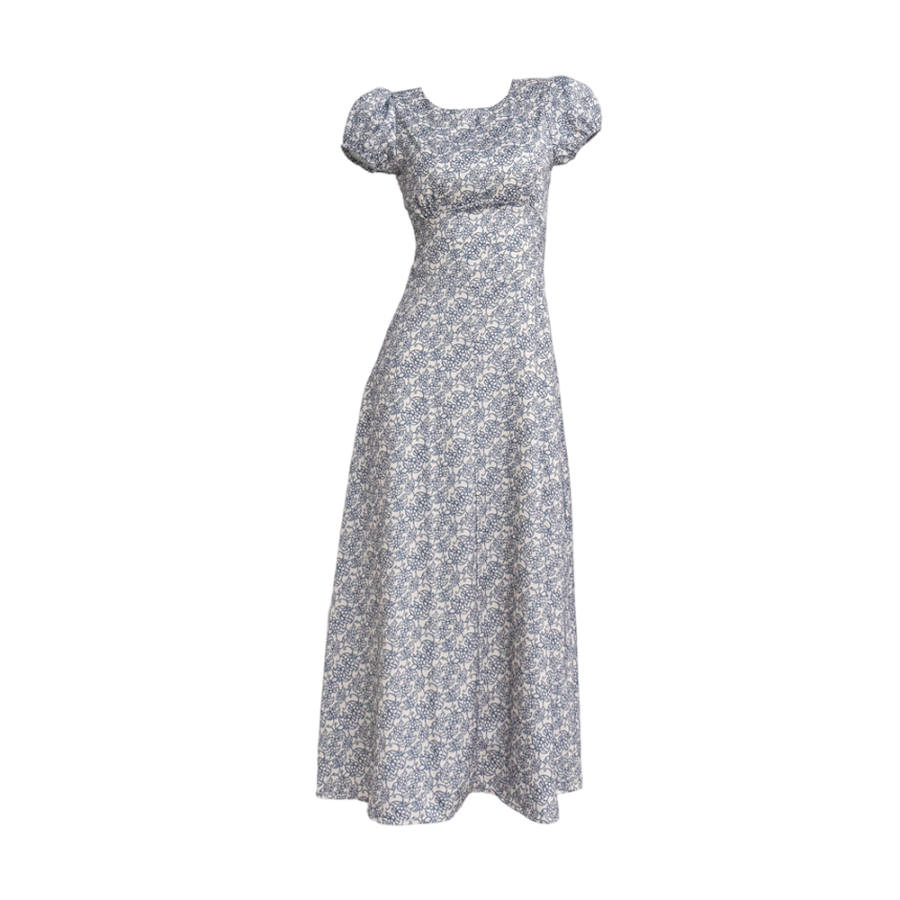 TUSHIFEI Short Sleeved Dresses Women's Ceramic Blue Cream Apricot Crew Neck Moderate Long Skirt A Line Skirt