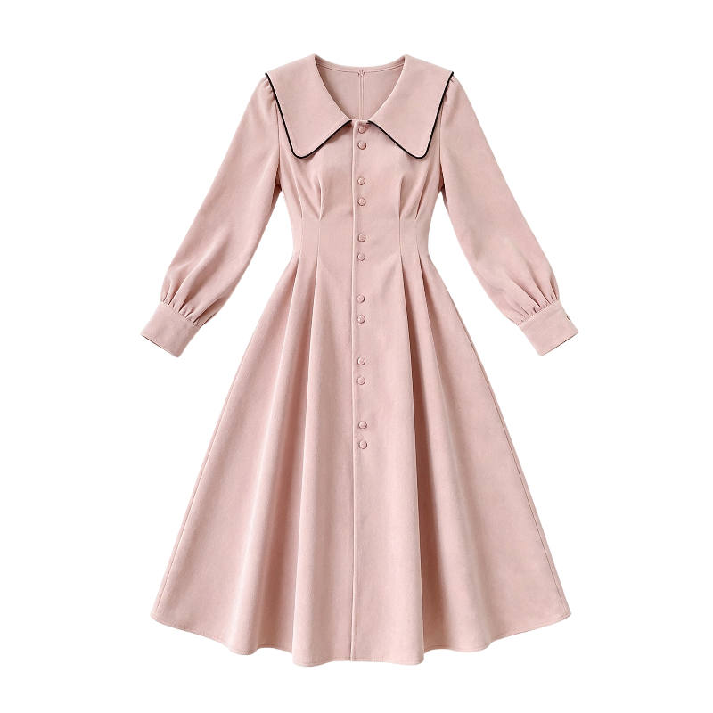 CPAURA Long Sleeved Dresses Women's Pink Peter Pan Collar Moderate Long Skirt A Line Skirt