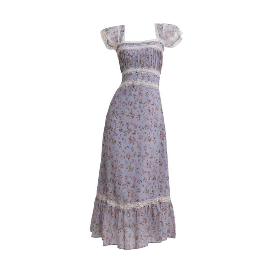 TUSHIFEI Short Sleeved Dresses Women's Square Collar Moderate Long Skirt A Line Skirt