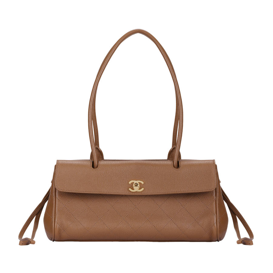 CHANEL Grain Embossed Calfskin & Gold Metal Baguette Bag Shoulder Bag Small Women's Light Brown