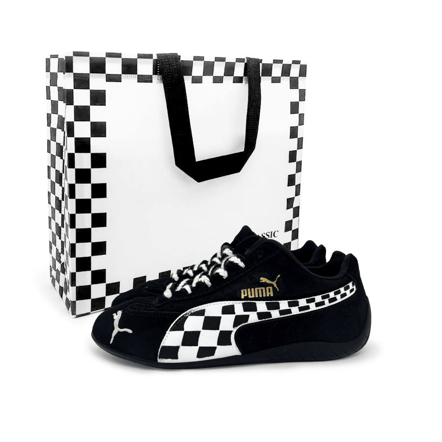 PUMA Speedcat Collection Skateboard Shoes Unisex Low Top Black & White Checkerboard With Gold Accents