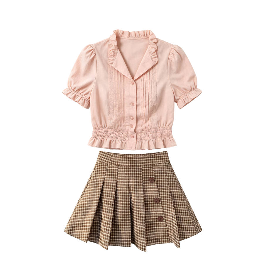CPAURA Two Piece Skirt Sets Women's Lettuce Edge Collar Moderate Short Skirt