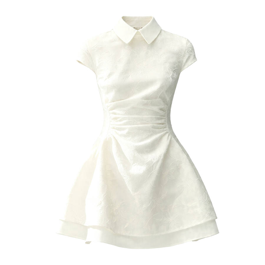CPAURA Short Sleeved Dresses Women's Ecru Lapel Moderate Short Skirt A Line Skirt