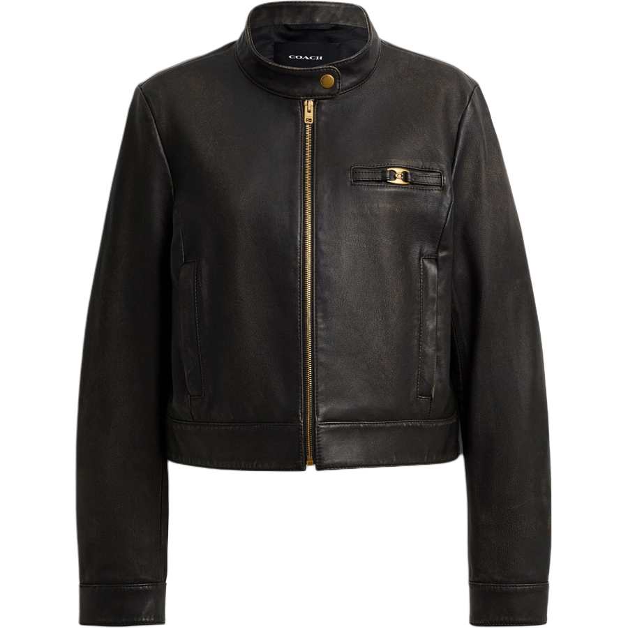 COACH Leather Jackets Women's Black Stand Collar Moderate Straight Fit