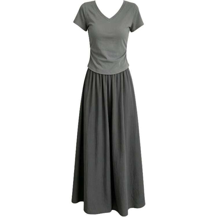CHARM GLOW Two Piece Skirt Sets Women's V Neck Moderate Long Skirt