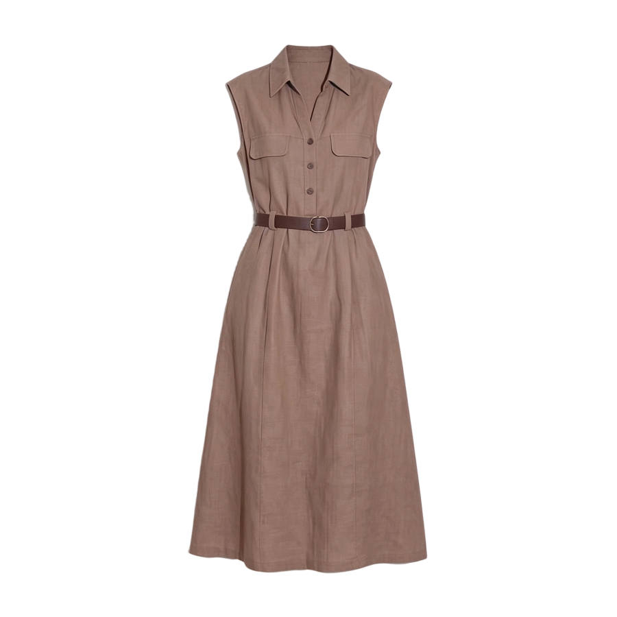 TUSHIFEI Sleeveless Dresses Women's Coffee Lapel Moderate Long Skirt A Line Skirt